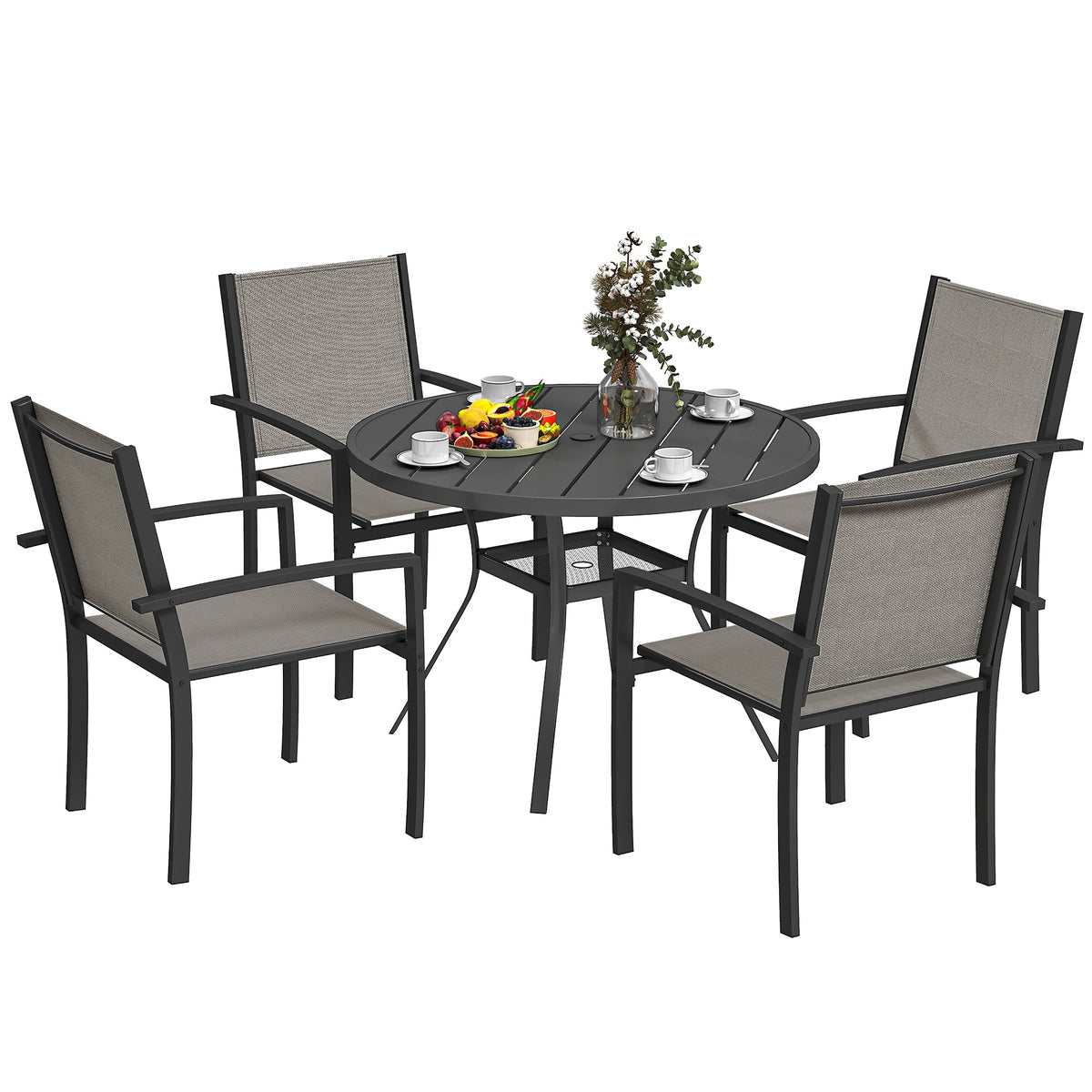 5 Piece Garden Dining Set with Round Table & 4 Stackable Chairs, Dark Grey — product view 1