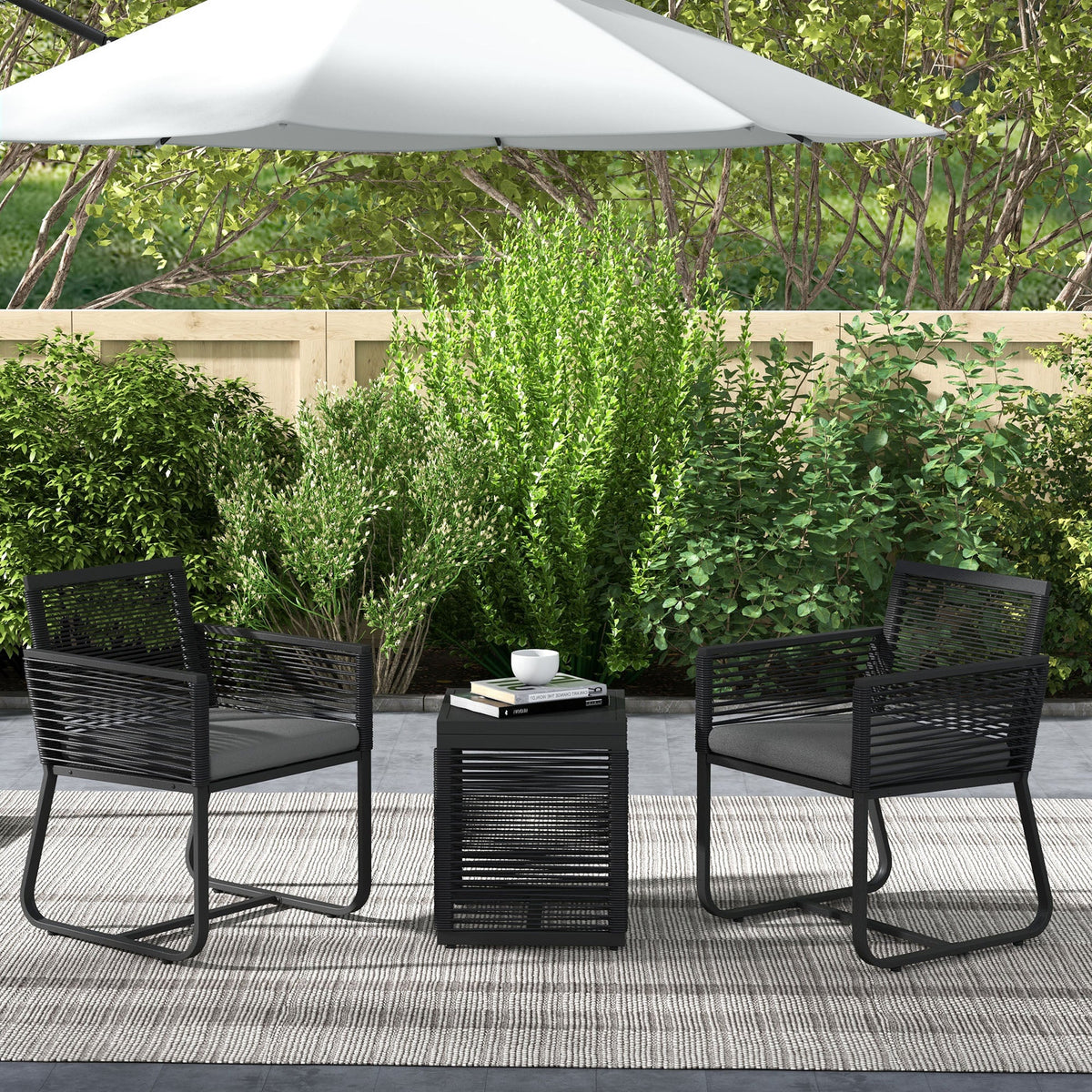 3 Piece Wicker Patio Furniture Set with Glass Top Table and Cushions, Black — product view 4
