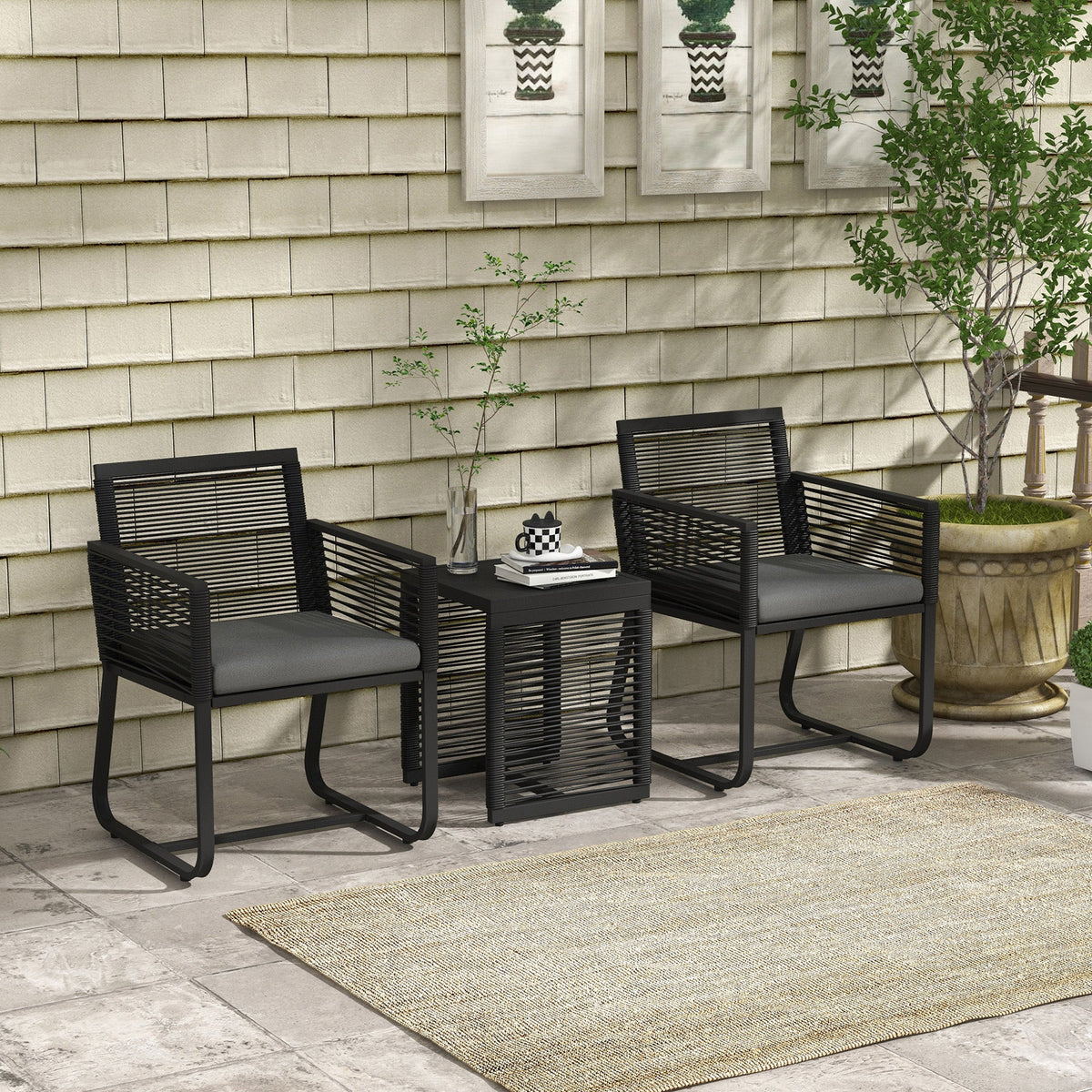 3 Piece Wicker Patio Furniture Set with Glass Top Table and Cushions, Black — product view 3