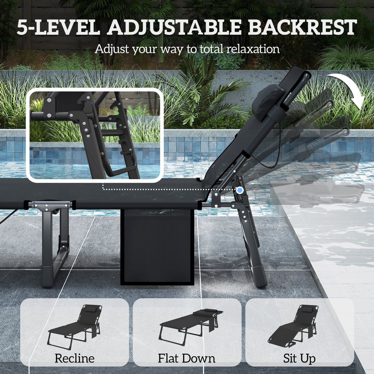 Folding Lounge Chair, 75 cm Wide with Cushion and Side Pocket, Dark Grey/Blue — product view 6