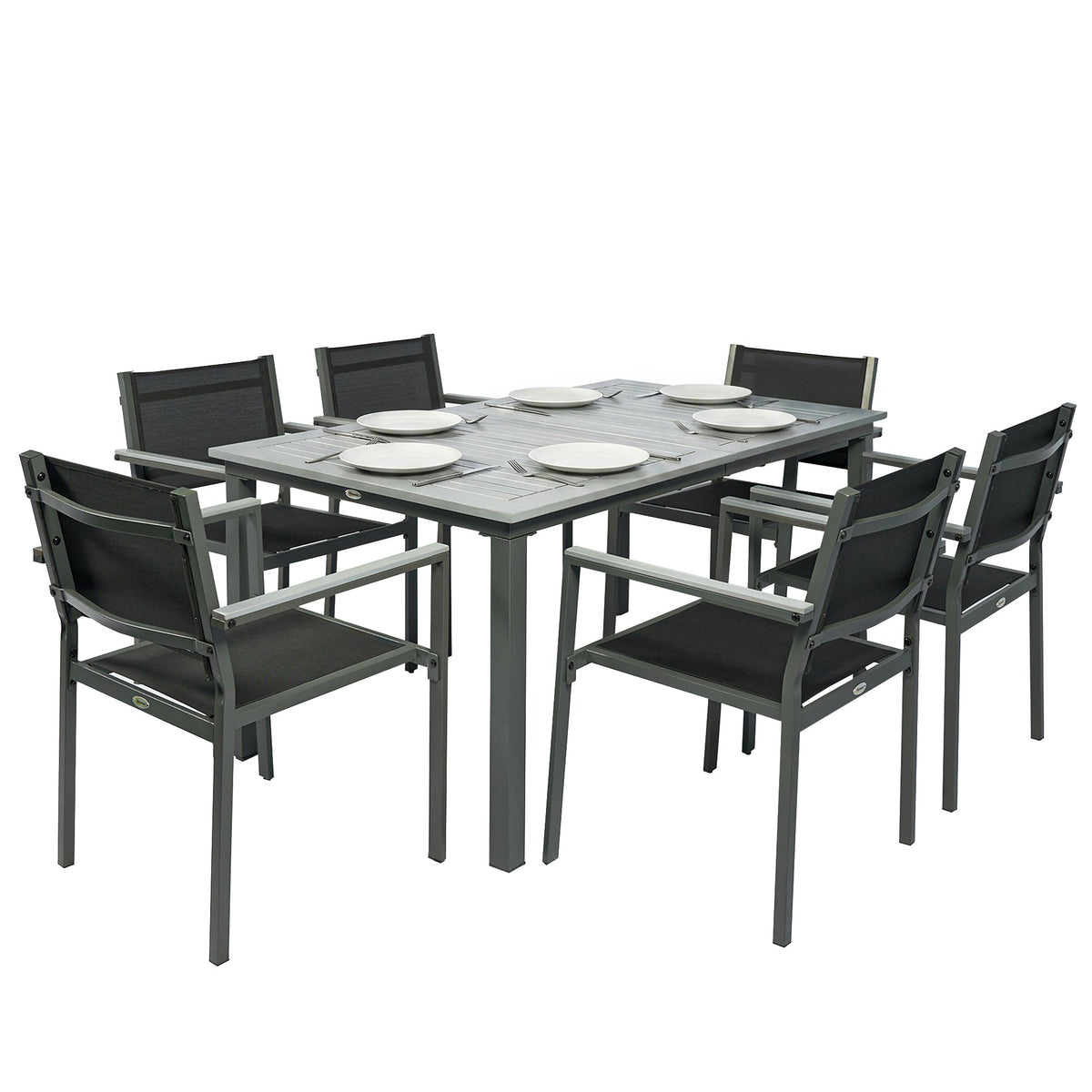 6-Seater Acacia Wood Top Dining Set with Stackable Texteline Chairs, Grey — product view 1
