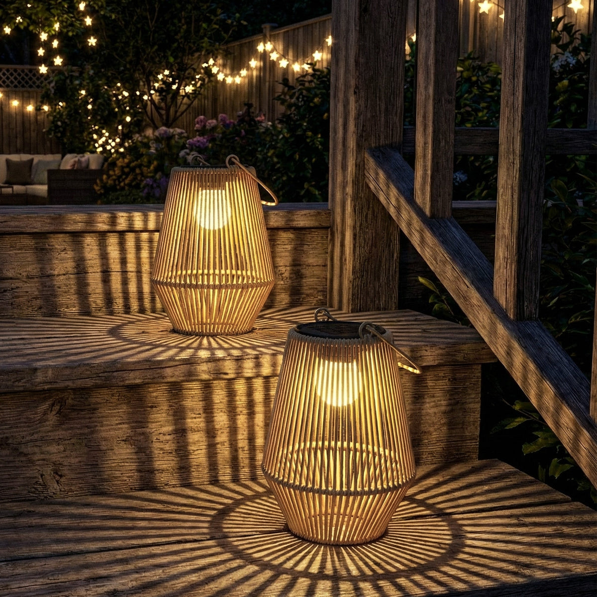 2 Pack Hanging Solar Rattan Lanterns with Auto On/Off, Brown — product view 4