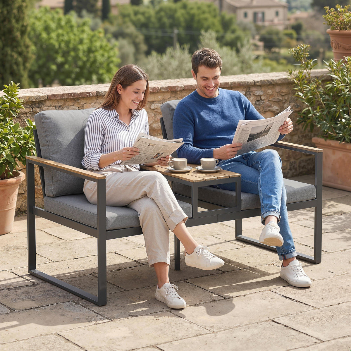 2-Seat Outdoor Garden Bench with Center Table and Thick Cushions, Light Grey — product view 3