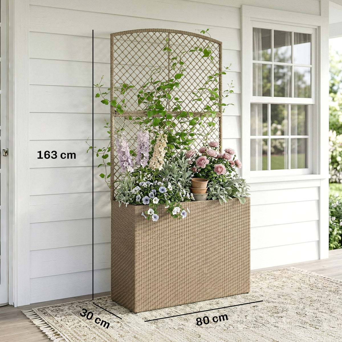 80 x 30 x 163 cm Rattan Raised Planter Box with Trellis and Liner, Light Grey — product view 5
