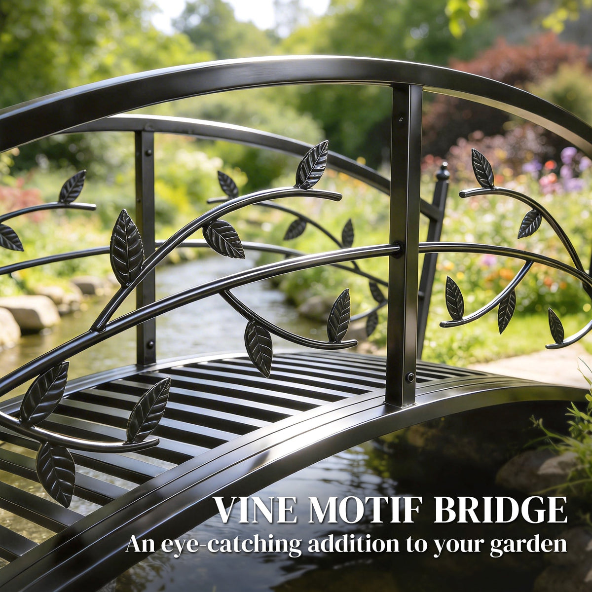 1.2M Metal Garden Bridge with Safety Railings, Black — product view 6