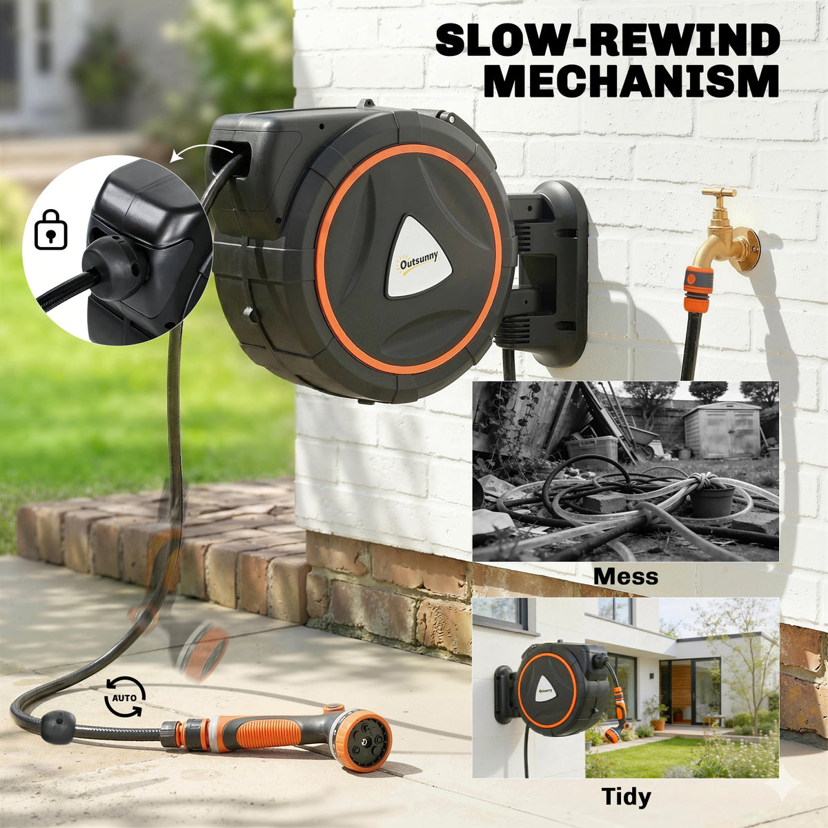 23+2m Retractable Wall Hose Reel with Auto Retraction & 12-Pattern Nozzle, Orange — product view 7