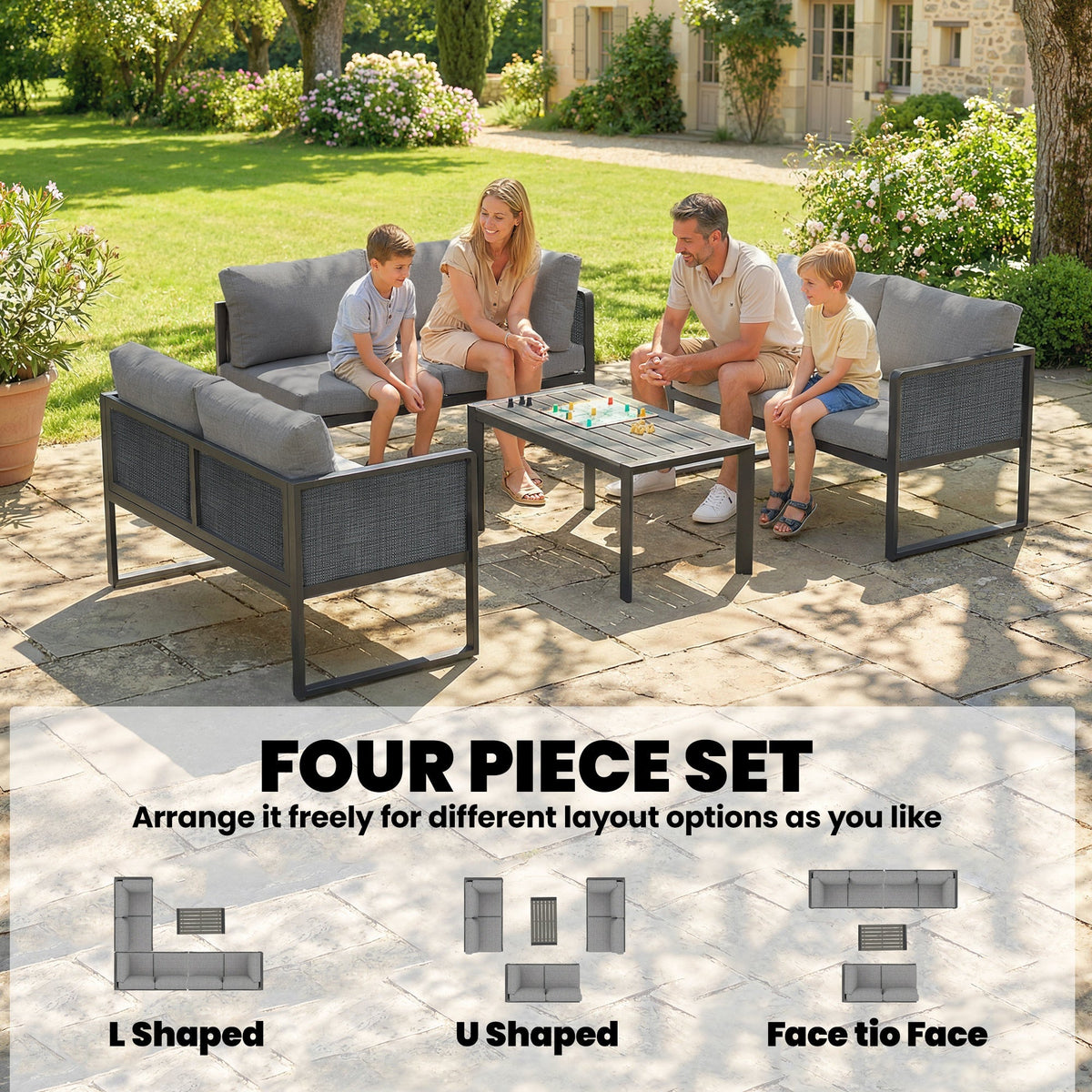 6 Seater Metal Garden Corner Sofa Set with Faux Wood Table, Dark Grey — product view 6