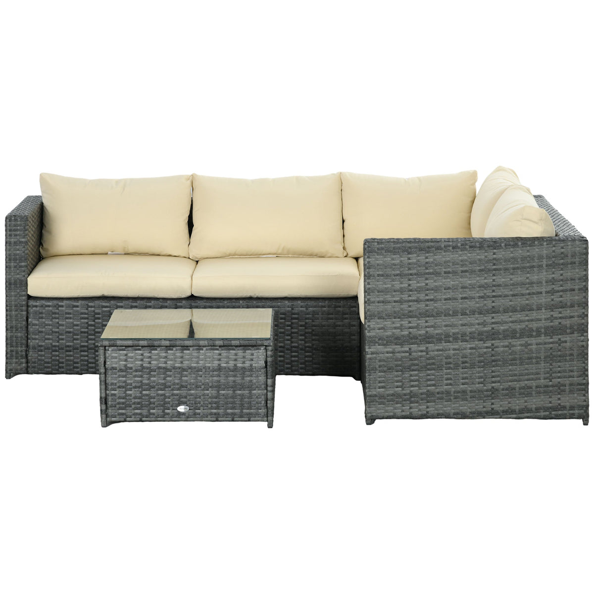 3 Piece PE Rattan Garden Furniture Set with Thick Cushions & Glass Table, Beige — product view 2