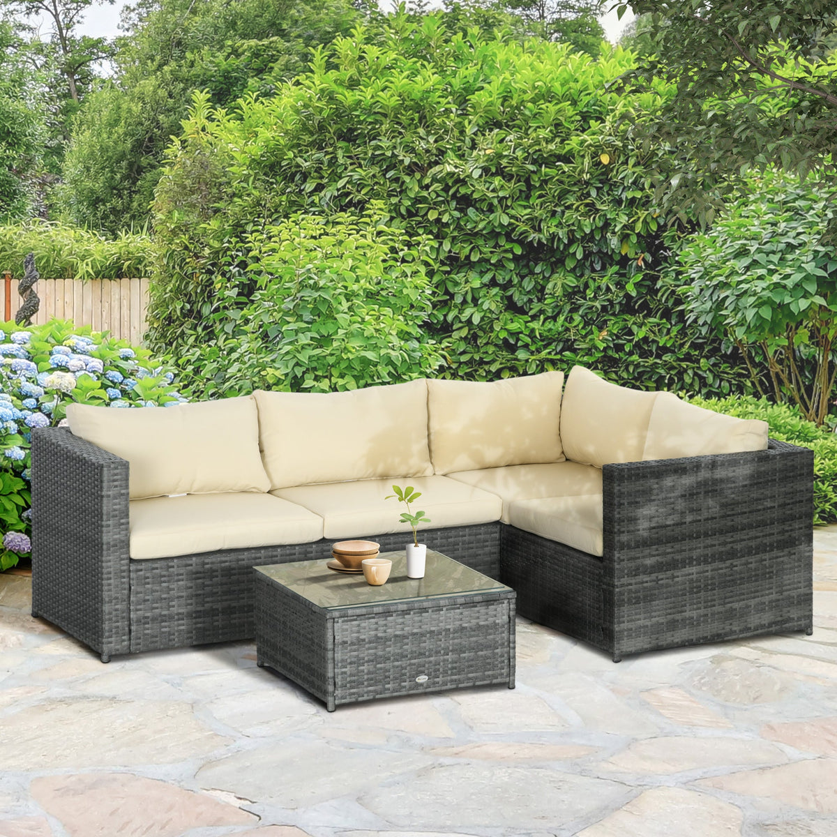 3 Piece PE Rattan Garden Furniture Set with Thick Cushions & Glass Table, Beige — product view 3