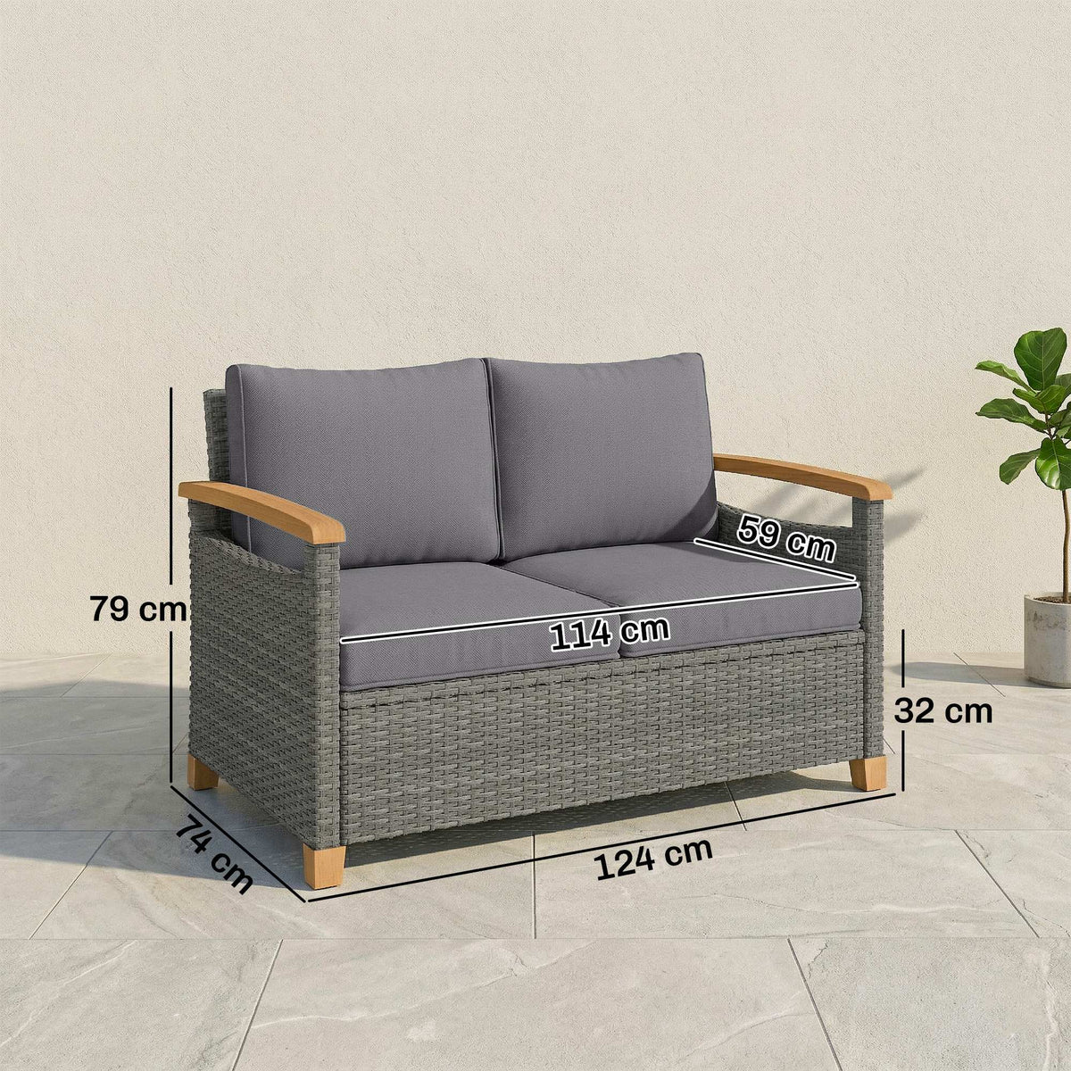 2-Seater Rattan Loveseat with Thick Cushions & Acacia Armrests, Dark Grey — product view 5