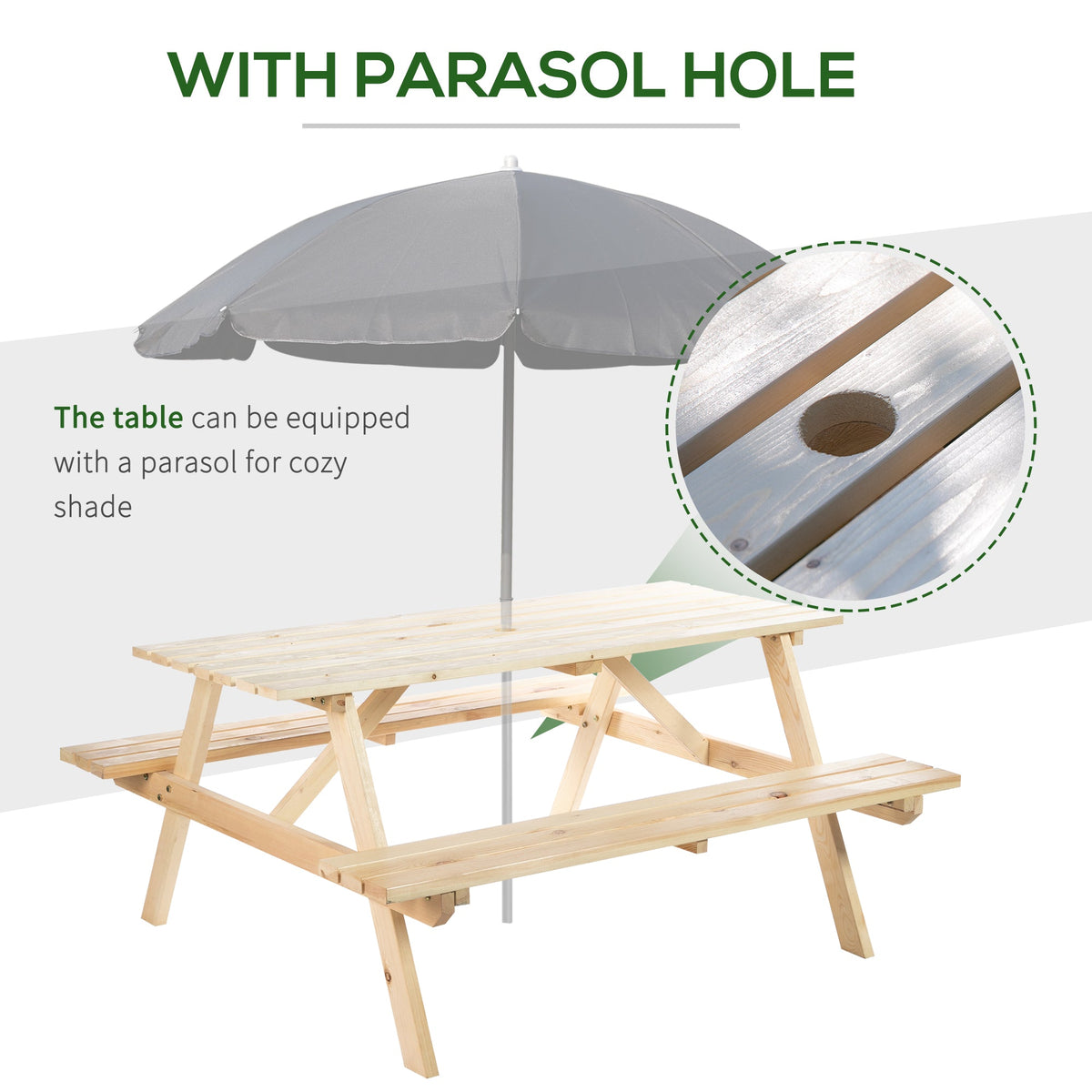 150 cm 6 Seater Wooden Picnic Table Bench with Parasol Hole, Natural Wood — product view 6