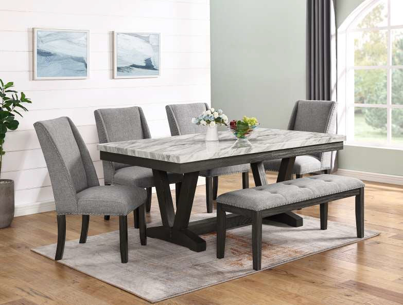 Mc Ferran Mach Dark Finish Wood Grey Faux Marble Top 6-Piece Dining Table Set with Grey Fabric Chairs and Bench – D4930-6PC — product view 1