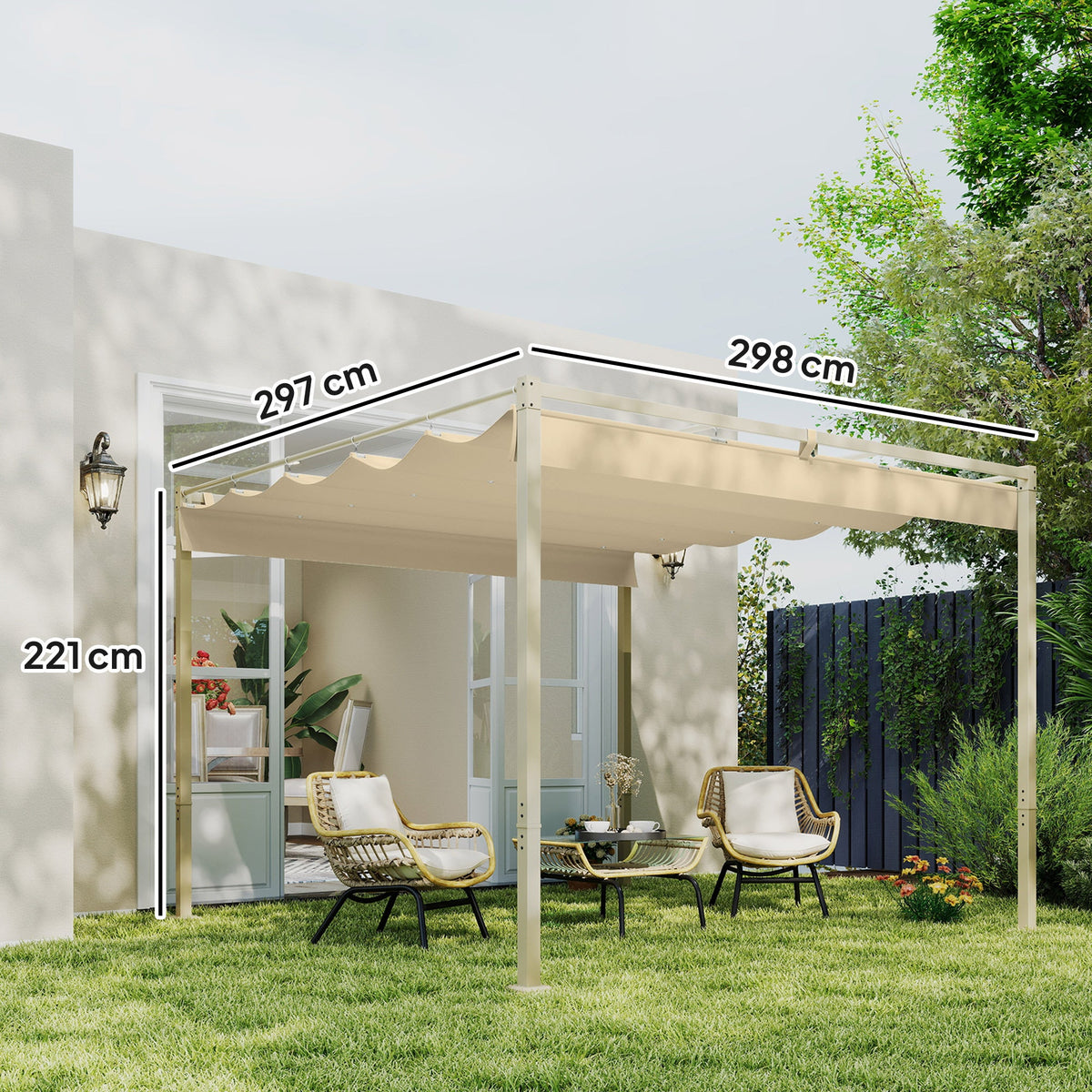 3 x 3m Garden Pergola with Retractable Roof & Magnetic Fixing, Khaki — product view 5