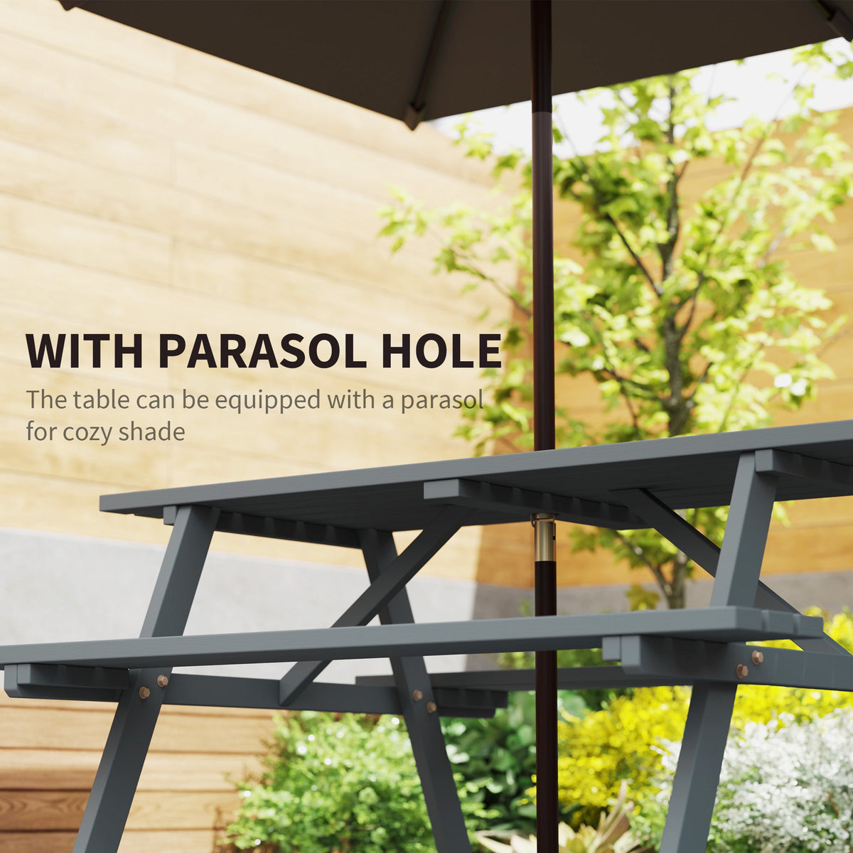 150 cm 6 Seater Wooden Picnic Table Bench with Parasol Hole, Grey — product view 6