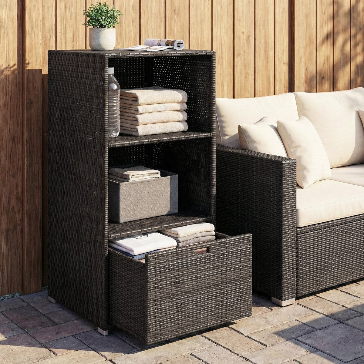 Pool Towel Rack with 2 Shelves and Basket Drawer, PE Rattan, Dark Brown — product view 4