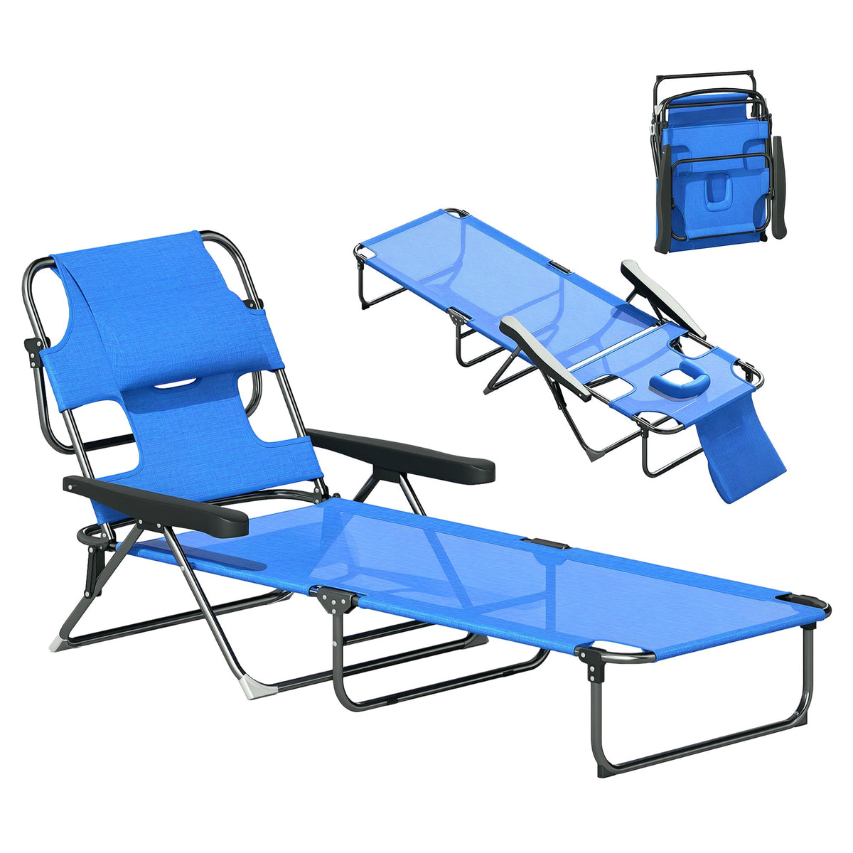 Folding Lounge Chair with Reading Hole and Headrest, Dark Blue — product view 1