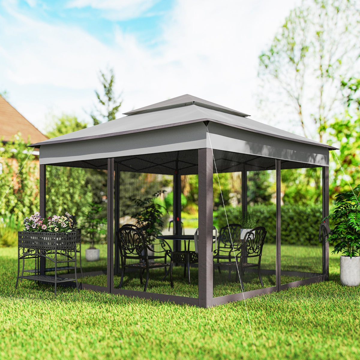 3 x 3m Pop Up Gazebo with Double Tier Roof, Netting & Carry Bag, Light Grey — product view 4