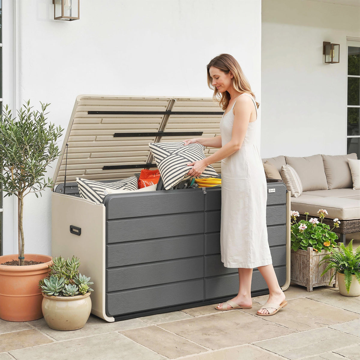 757 L Garden Storage Box with Wheels and Lockable Lid, Beige/Grey — product view 4