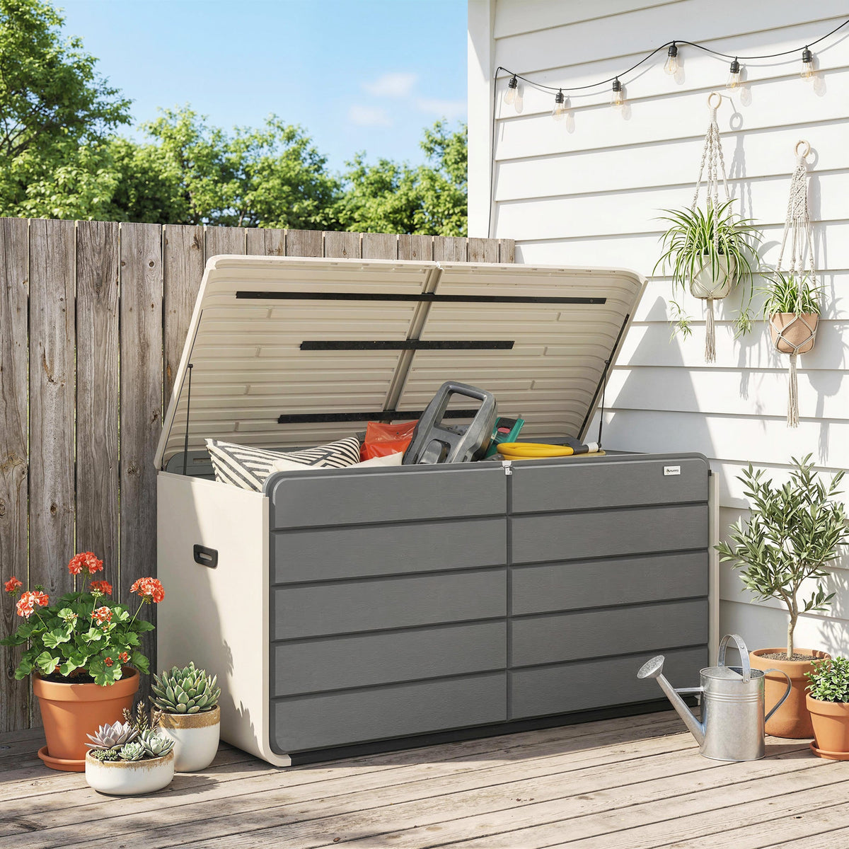 757 L Garden Storage Box with Wheels and Lockable Lid, Beige/Grey — product view 3