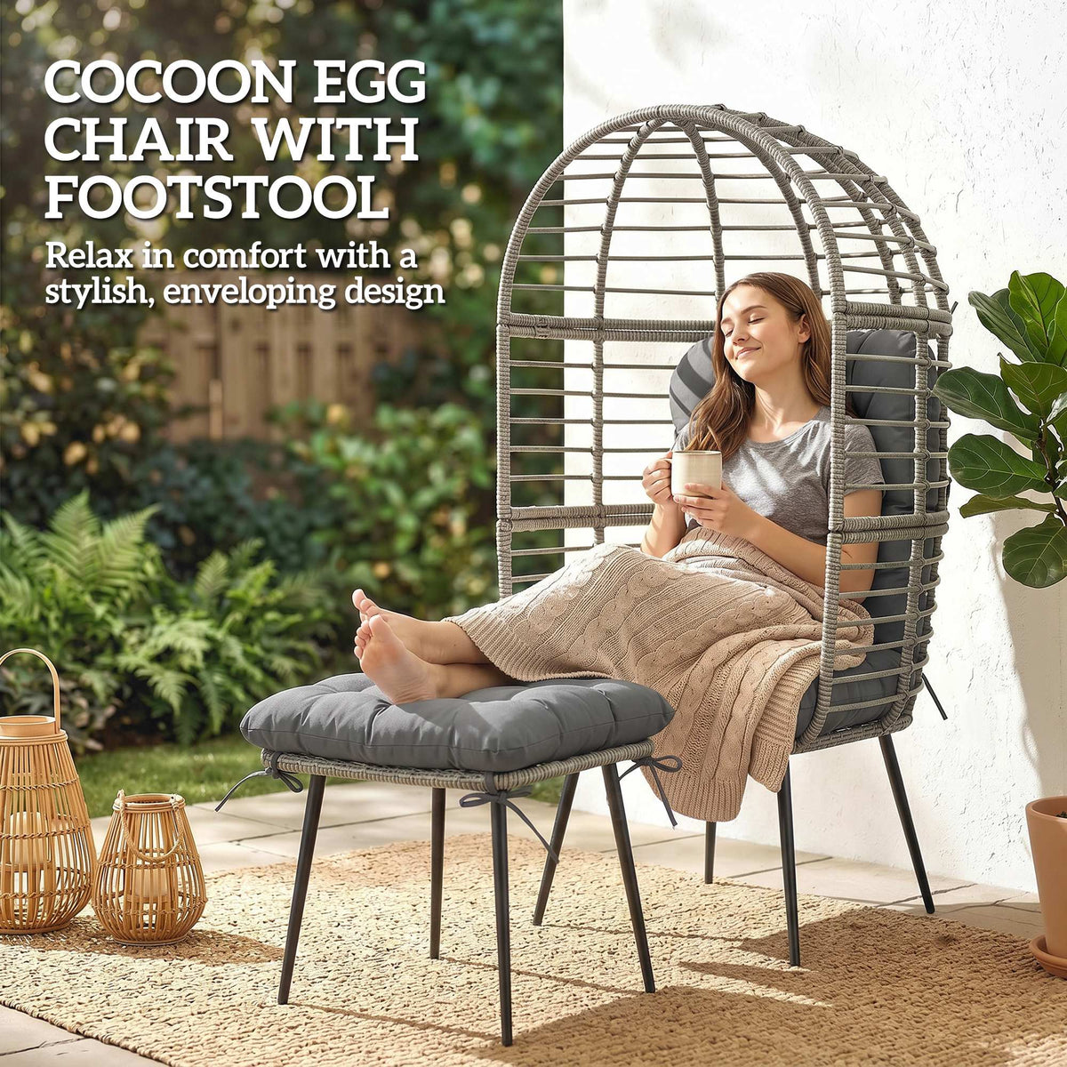 Standing PE Rattan Egg Chair with Footstool and Thick Cushions, Light Grey — product view 6