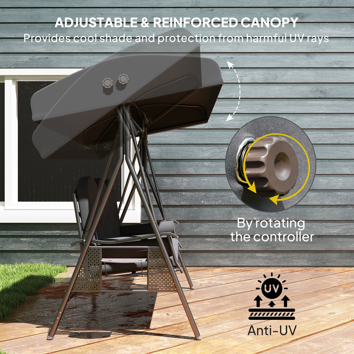 3 Seater Canopy Swing Chair with Cushions & Cup Trays, Dark Grey — product view 6