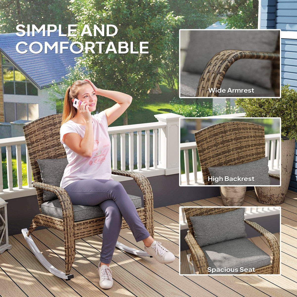 Wicker Adirondack Rocking Chair with Cushion and Pillow, Grey/Mixed Yellow — product view 7