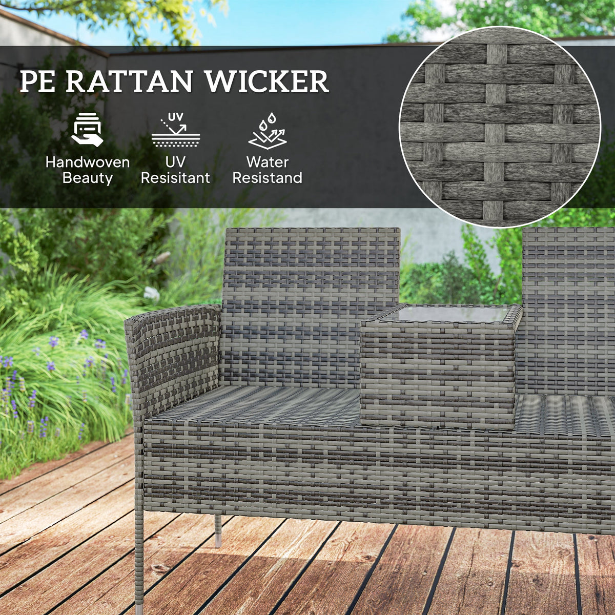2 Seat Rattan Garden Bench with Glass Table & Padded Cushions, Charcoal Grey/Grey — product view 7