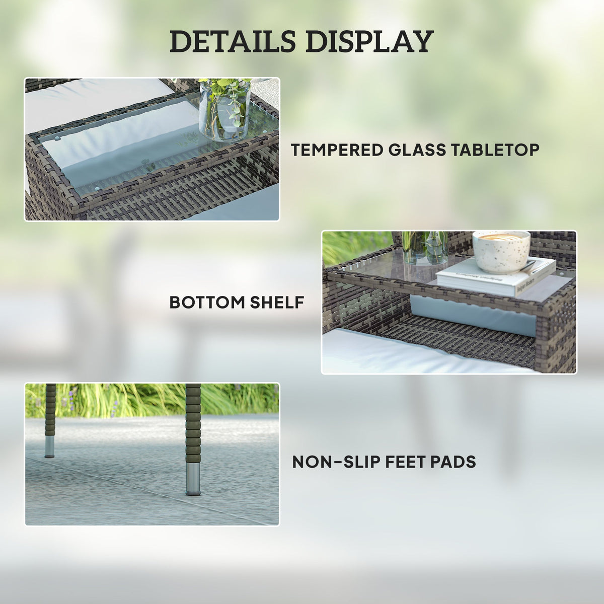 2 Seat Rattan Garden Bench with Glass Table & Padded Cushions, Charcoal Grey/Grey — product view 6