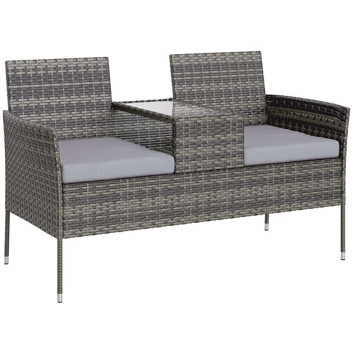 2 Seat Rattan Garden Bench with Glass Table & Padded Cushions, Charcoal Grey/Grey — product view 1