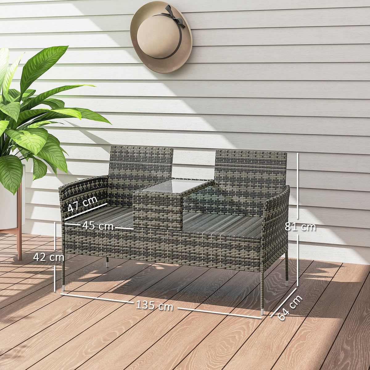 2 Seat Rattan Garden Bench with Glass Table & Padded Cushions, Charcoal Grey/Grey — product view 5