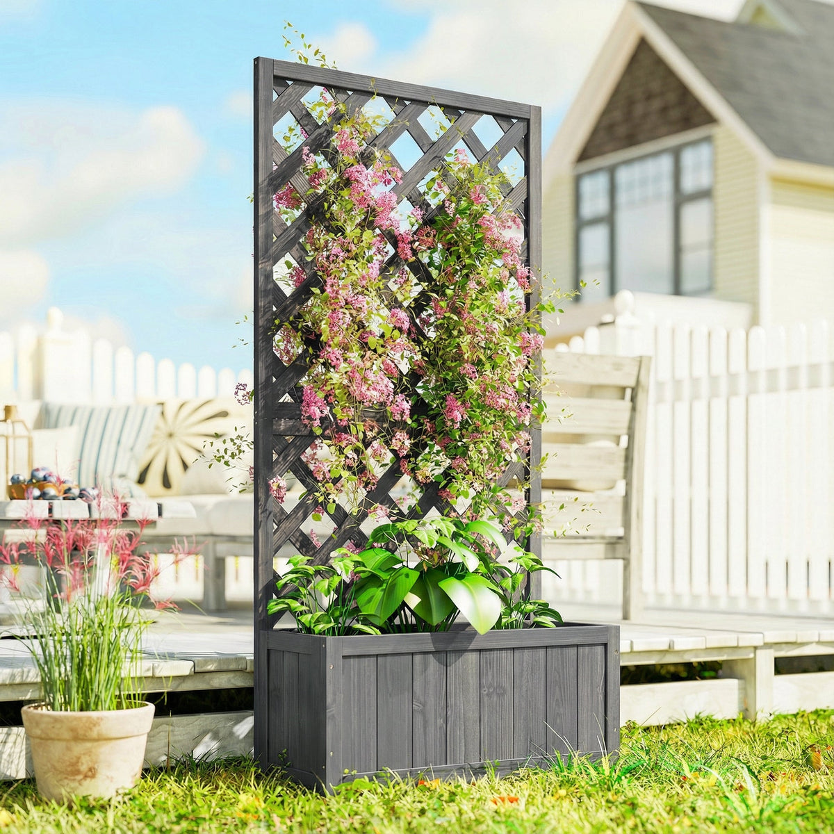 Wood Planter with Trellis and Drainage Holes, Grey — product view 3