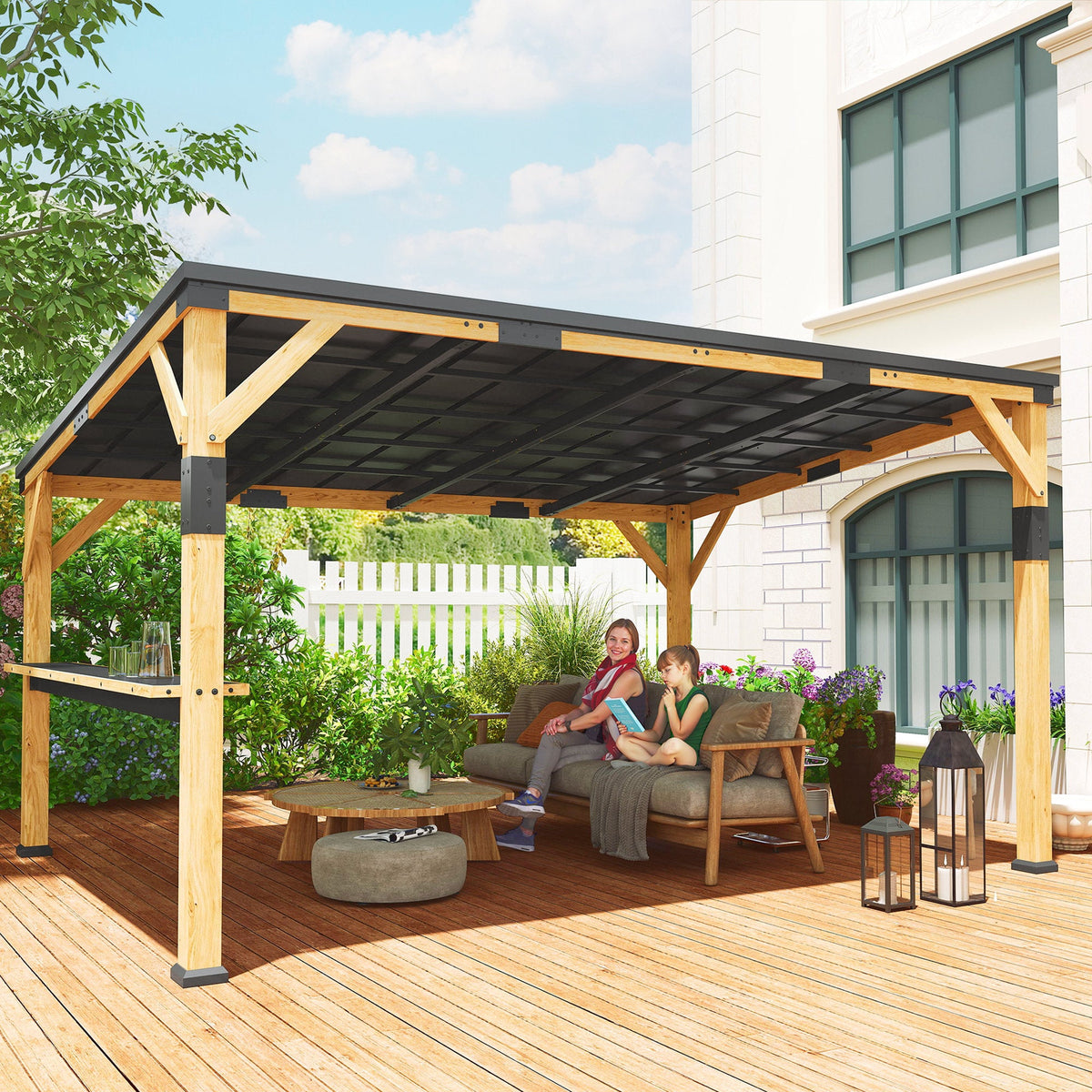 PerArbor 10' x 14' Wooden Lean-to Gazebo with Galvanized Steel Sloped Roof and Bar Shelf — product view 3