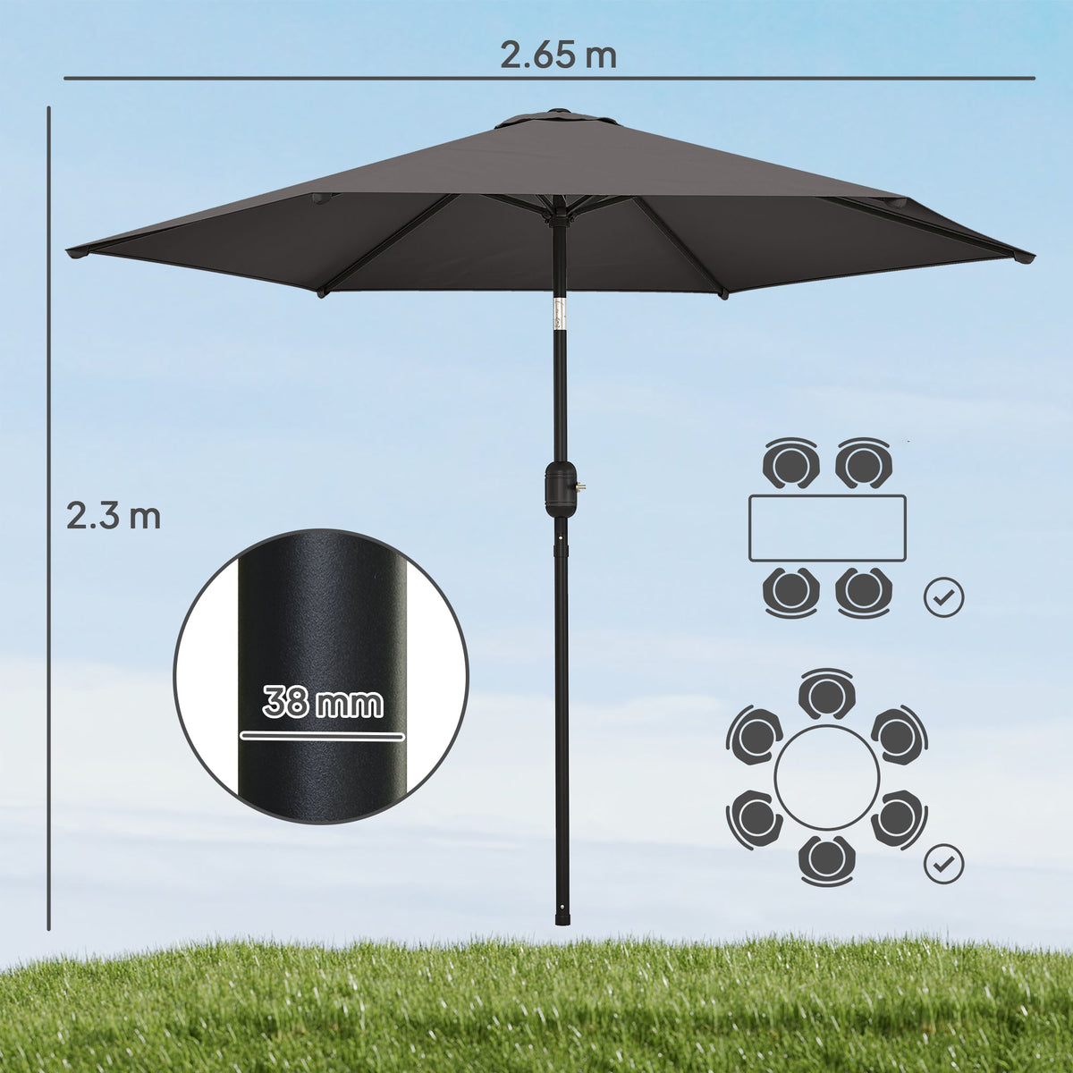 2.6 m Garden Parasol with Tilt, Crank, Vent & Aluminium Pole, Black — product view 5