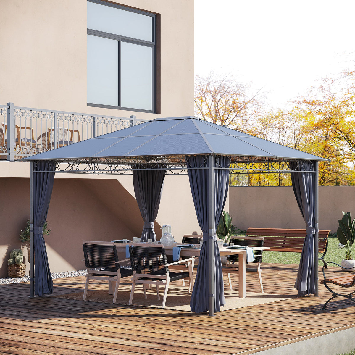 3 x 3.6m Hardtop Gazebo with Polycarbonate Roof & Curtains, Grey — product view 4