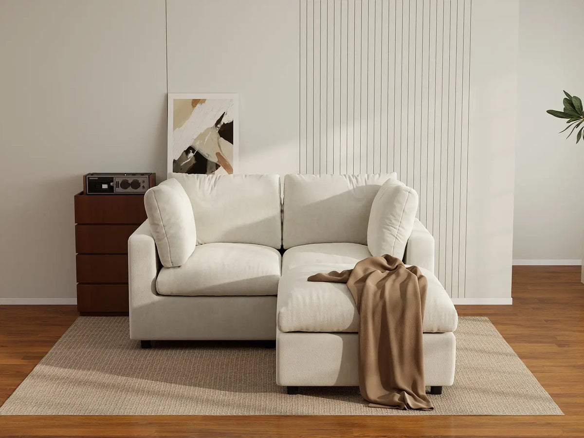 Deluxe Cloud 2-Seater Beige Small Space Chaise Sectional | 3-Piece (Includes 1 Ottoman), Linen-Blend Chenille Fabric, Easy To Clean — product view 6