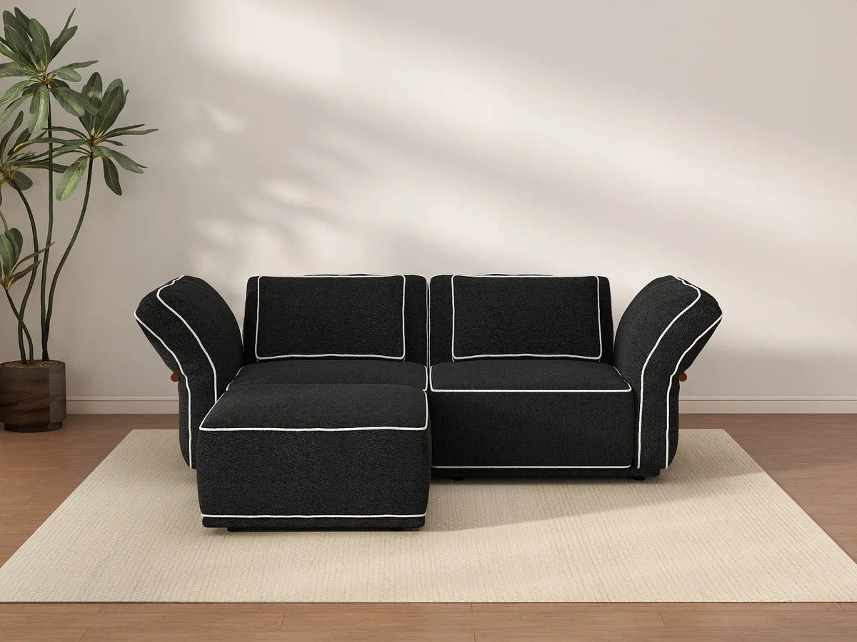 Deluxe Cloud 2-Seater Black Small Space Chaise Sectional | 3-Piece (Includes 1 Ottoman), Bouclé Sherpa-Like Fabric, Easy To Clean — product view 1
