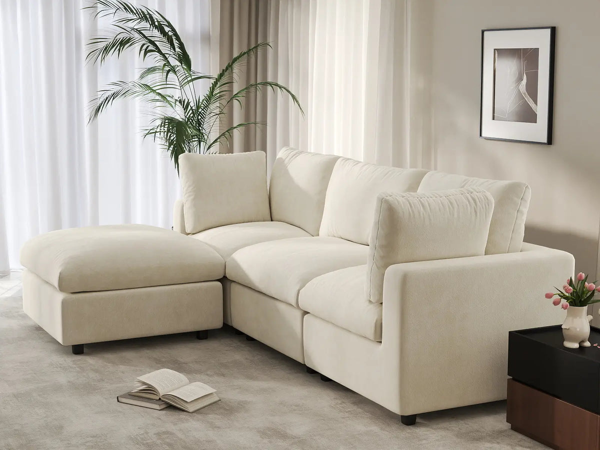 Deluxe Cloud 3-Seater Beige Large Space L-Shaped Sectional | 4-Piece (Includes 1 Ottoman), Linen-Blend Chenille Fabric, Easy To Clean — product view 4