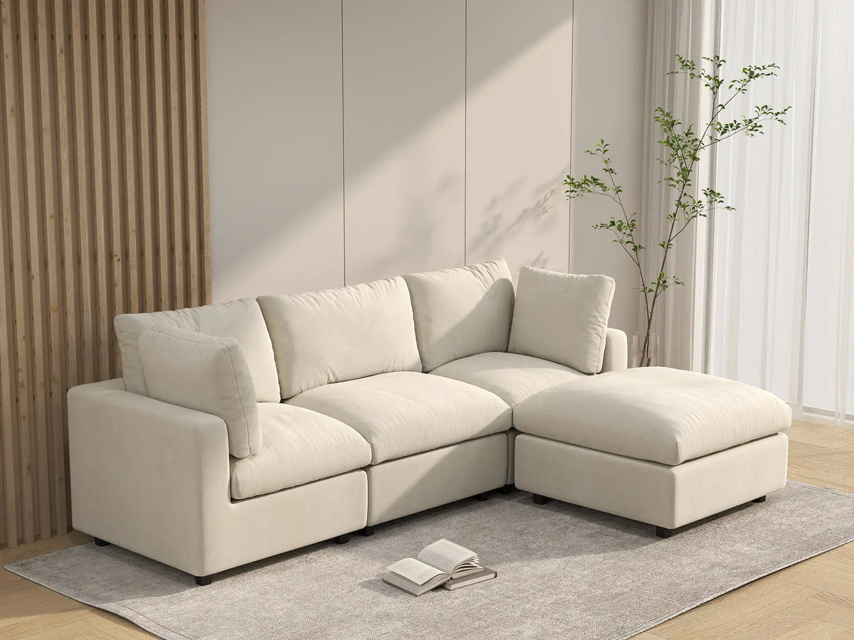 Deluxe Cloud 3-Seater Beige Large Space L-Shaped Sectional | 4-Piece (Includes 1 Ottoman), Linen-Blend Chenille Fabric, Easy To Clean — product view 5