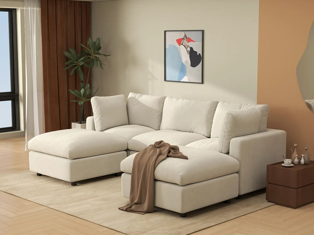 Deluxe Cloud 3-Seater Beige Large Space U-Shaped Sectional | 5-Piece (Includes 2 Ottomans), Linen-Blend Chenille Fabric, Easy To Clean — product view 6
