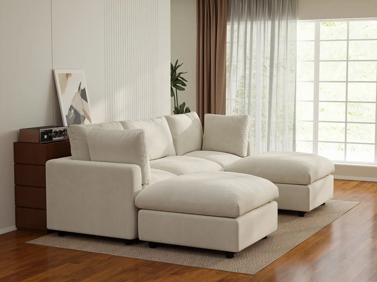 Deluxe Cloud 3-Seater Beige Large Space U-Shaped Sectional | 5-Piece (Includes 2 Ottomans), Linen-Blend Chenille Fabric, Easy To Clean — product view 4