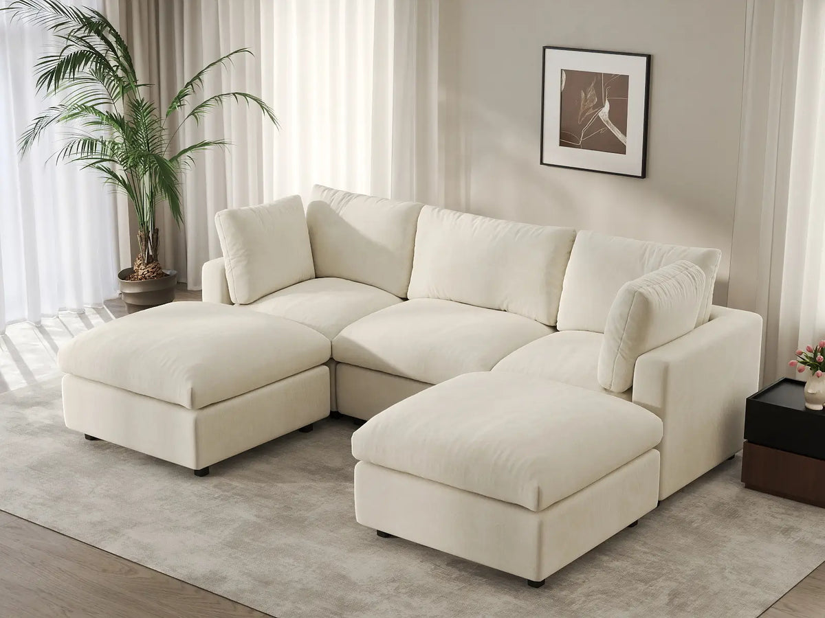 Deluxe Cloud 3-Seater Beige Large Space U-Shaped Sectional | 5-Piece (Includes 2 Ottomans), Linen-Blend Chenille Fabric, Easy To Clean — product view 5