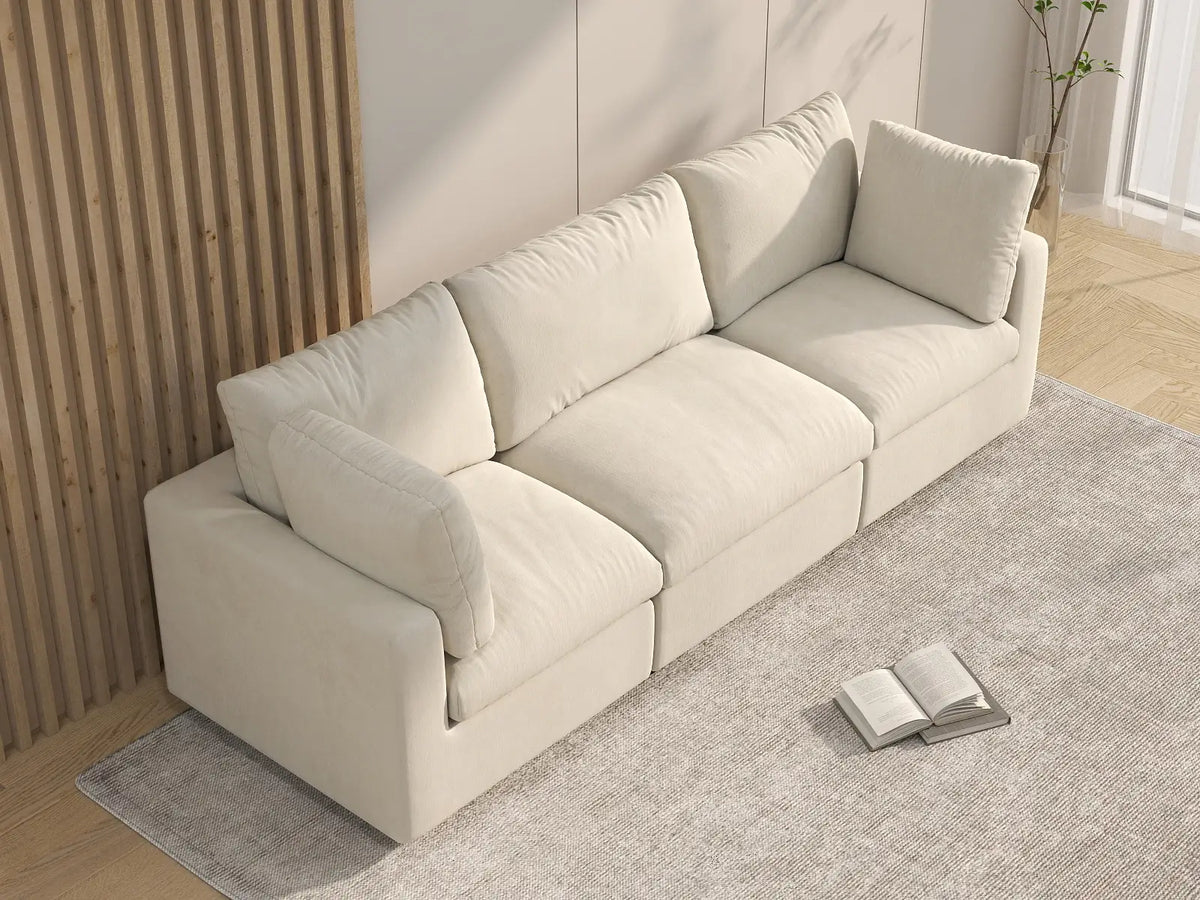 Deluxe Cloud 3-Seater Beige Small Space Couch Sectional | 3-Piece, Linen-Blend Chenille Fabric, Easy To Clean — product view 6