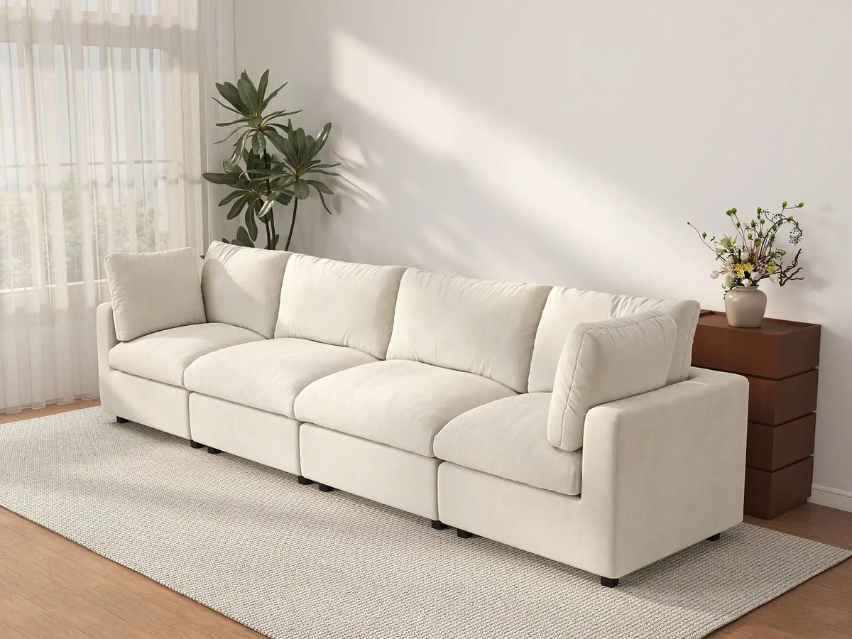 Deluxe Cloud 4-Seater Beige Large Space Couch Sectional | 4-Piece, Linen-Blend Chenille Fabric, Easy To Clean — product view 2
