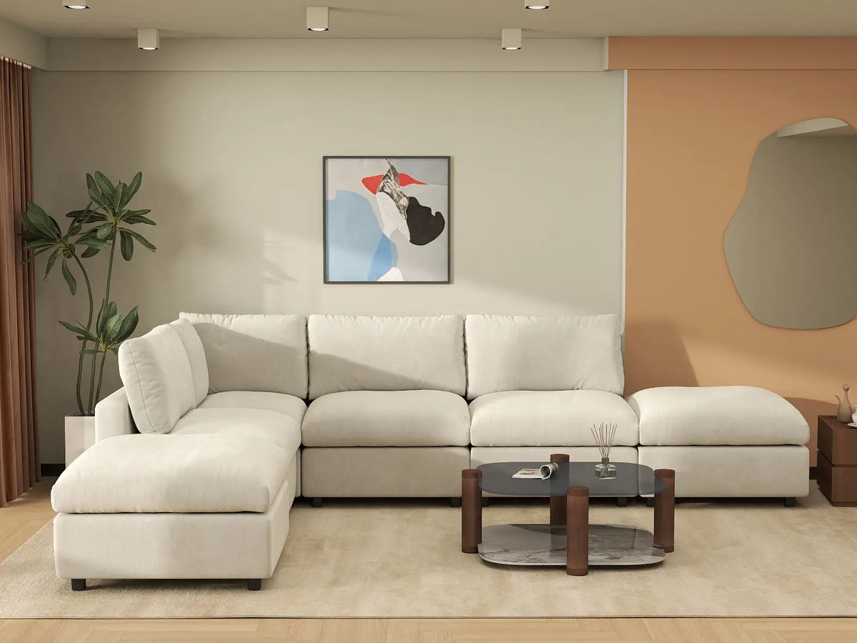Deluxe Cloud 4-Seater Beige Large Space L-Shaped Sectional | 6-Piece (Includes 2 Ottomans), Linen-Blend Chenille Fabric, Easy To Clean — product view 6