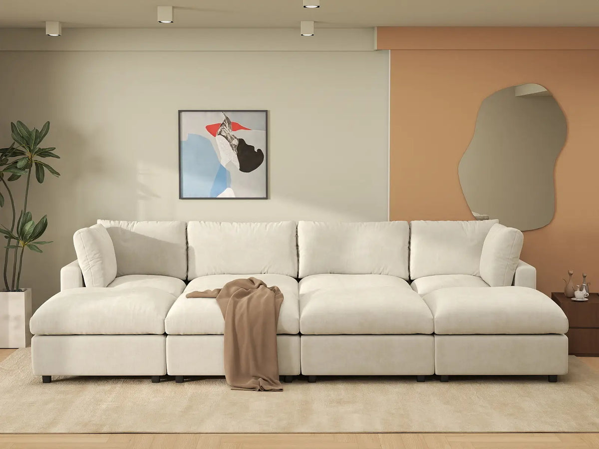 Deluxe Cloud 4-Seater Beige Open Space Pit Sectional | 8-Piece (Includes 4 Ottomans), Linen-Blend Chenille Fabric, Easy To Clean — product view 6