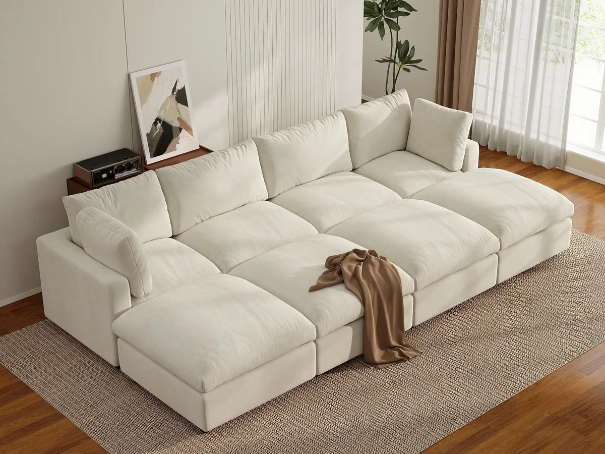 Deluxe Cloud 4-Seater Beige Open Space Pit Sectional | 8-Piece (Includes 4 Ottomans), Linen-Blend Chenille Fabric, Easy To Clean — product view 3