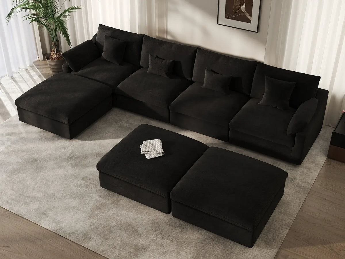 Deluxe Slope Cloud Sectional Sofa Covers | Black Chenille and Linen Sofa Cover for 4-Seater with 3-Ottomans — product view 3