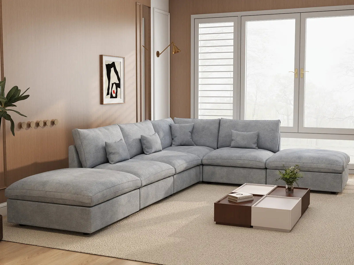 Deluxe Slope Cloud Sectional Sofa Covers | Light Grey Chenille and Linen Sofa Cover for 4-Seater with 2-Ottomans — product view 3