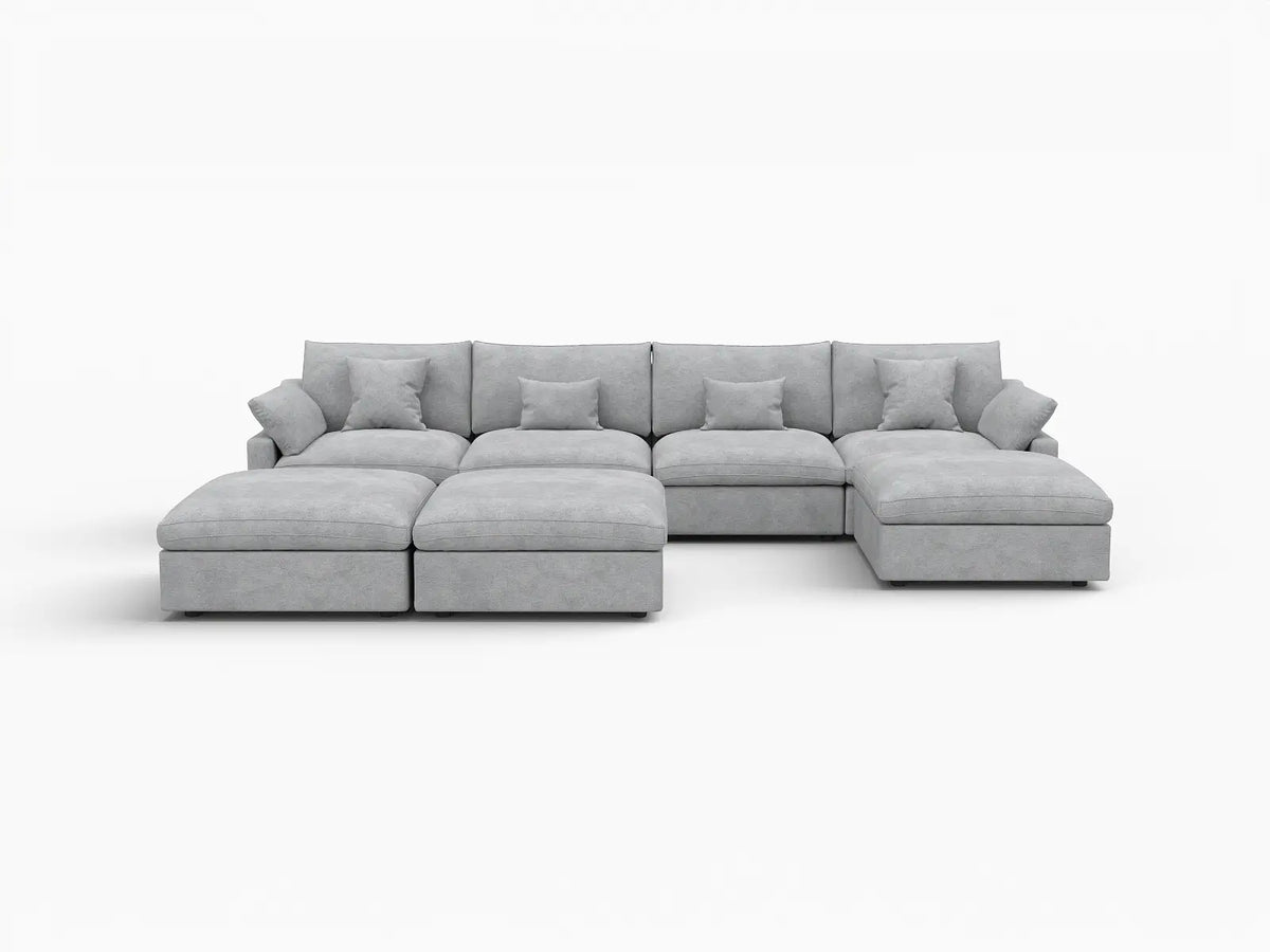 Deluxe Slope Cloud Sectional Sofa Covers | Light Grey Chenille and Linen Sofa Cover for 4-Seater with 3-Ottomans — product view 1