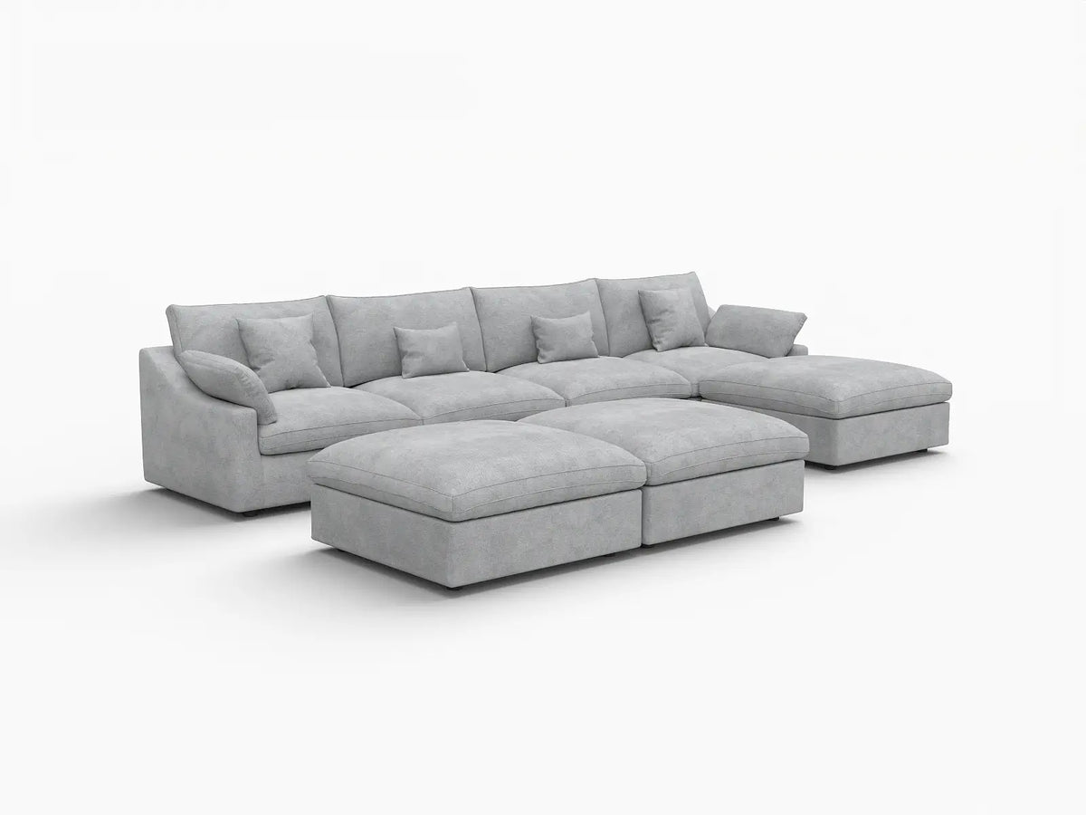 Deluxe Slope Cloud Sectional Sofa Covers | Light Grey Chenille and Linen Sofa Cover for 4-Seater with 3-Ottomans — product view 2